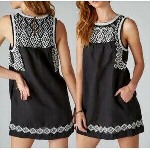 LUCKY BRAND EMBROIDERED SLEEVELESS MINI BOHO HIPPIE LINEN DRESS WOMENS Sz S